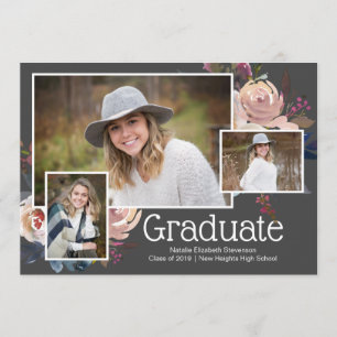 Modern Grey Three Photo Floral Graduation Party Invitation