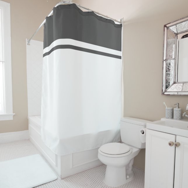 Modern Grey Top Racing Stripes On Modern White Shower Curtain (In Situ)