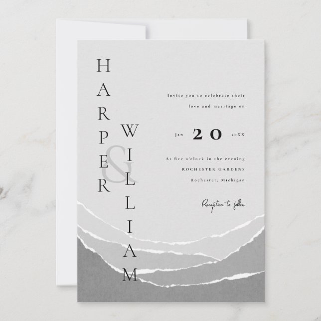 modern grey torn paper mountains wedding invitation (Front)