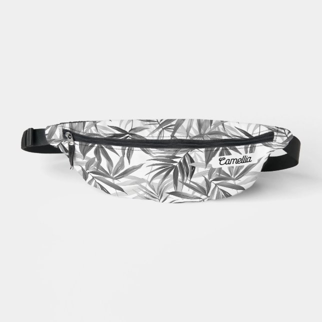Modern Grey Tropical Pattern Name Custom Travel Bum Bags (Front)
