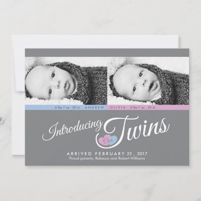 Modern Grey Twins Custom Photo Birth Announcement (Front)