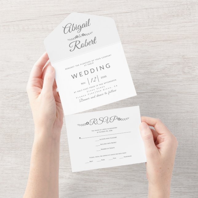Modern grey typography on white wedding  all in one invitation (Tearaway)