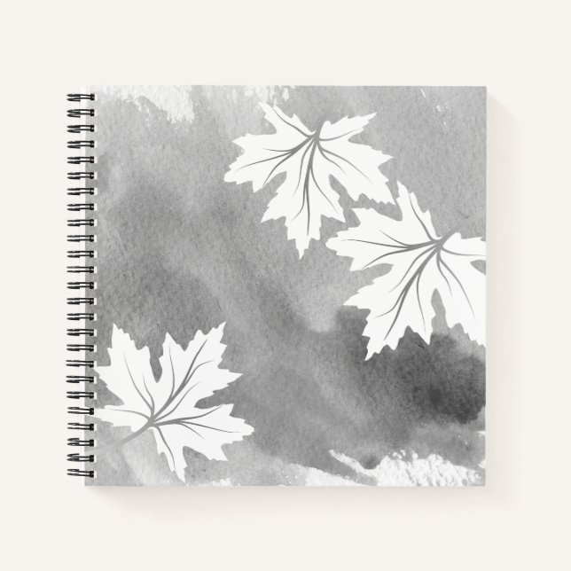 Modern grey watercolor and white maple leaves notebook (Front)