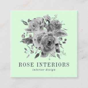 Modern grey watercolor flowers roses mint green square business card