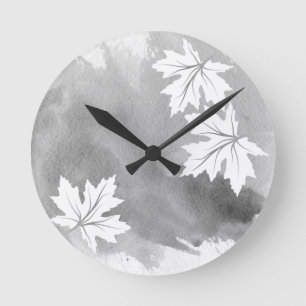 Modern grey watercolor maple leaves round clock