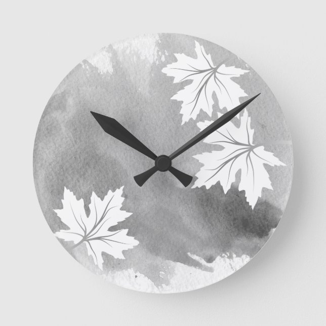 Modern grey watercolor maple leaves round clock (Front)