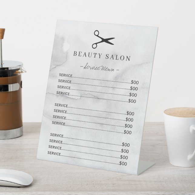 Modern grey watercolor washed salon service menu pedestal sign (In SItu)