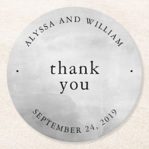 Modern Grey Watercolor Wedding Round Paper Coaster