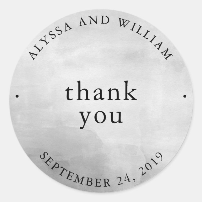 Modern Grey Watercolor Wedding Thank You Classic Round Sticker (Front)
