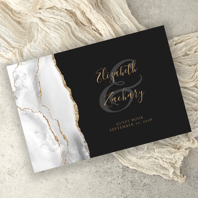 Modern Grey White Agate Gold Script Dark Guest Book (Creator Uploaded)