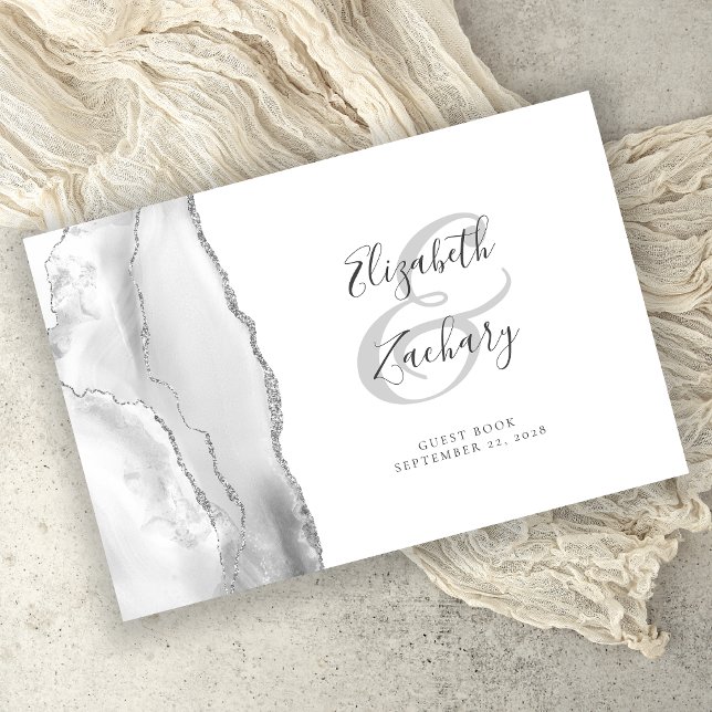 Modern Grey White Agate Silver Script Guest Book (Creator Uploaded)