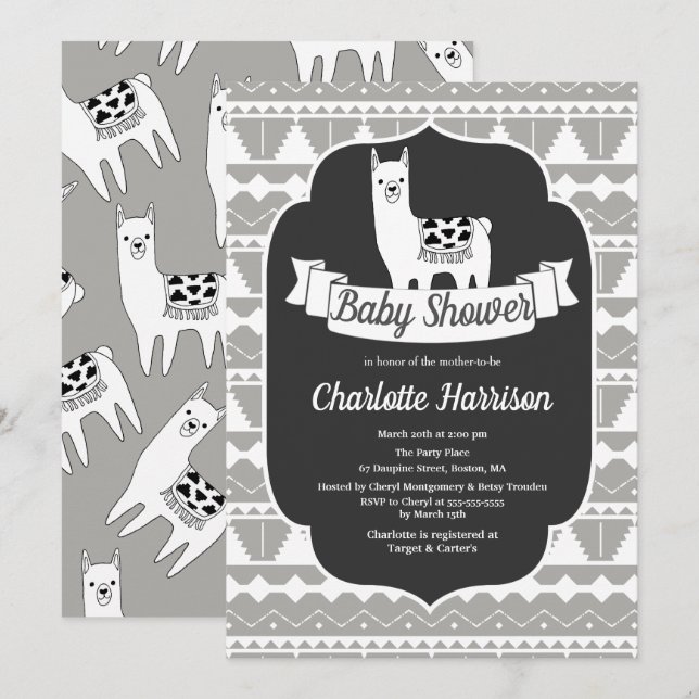Modern Grey & White Aztec Llamas Baby Shower Invitation (Front/Back)