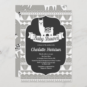 Modern Grey & White Aztec Llamas Baby Shower Invitation