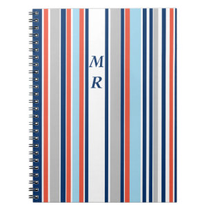 Modern Grey White Blue Red Stripes Monogram Notebook