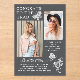 Modern Grey White Butterfly Photo Graduation Party Acrylic Invitations
