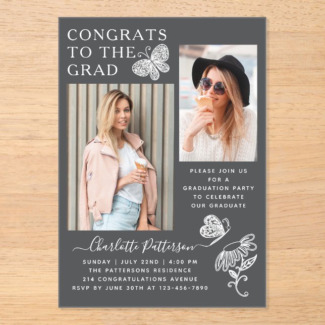 Modern Grey White Butterfly Photo Graduation Party Acrylic Invitations (Front)