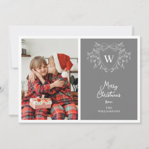 Modern grey & white classy crest 2 photos holiday card