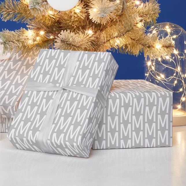 Modern grey white custom monogram initial pattern wrapping paper (Holidays)