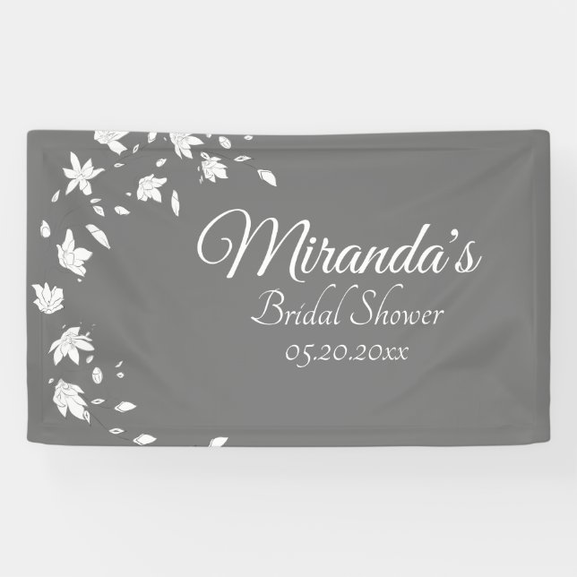 Modern Grey & White Floral Bridal Shower Banner (Horizontal)