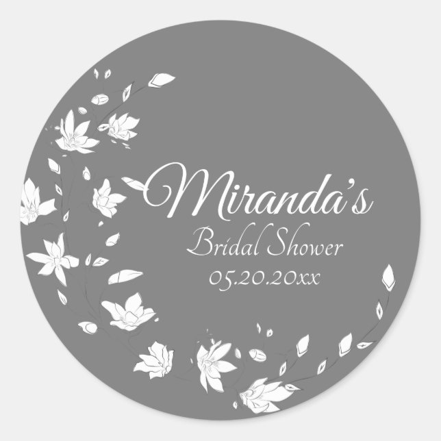 Modern Grey & White Floral Bridal Shower Classic Round Sticker (Front)