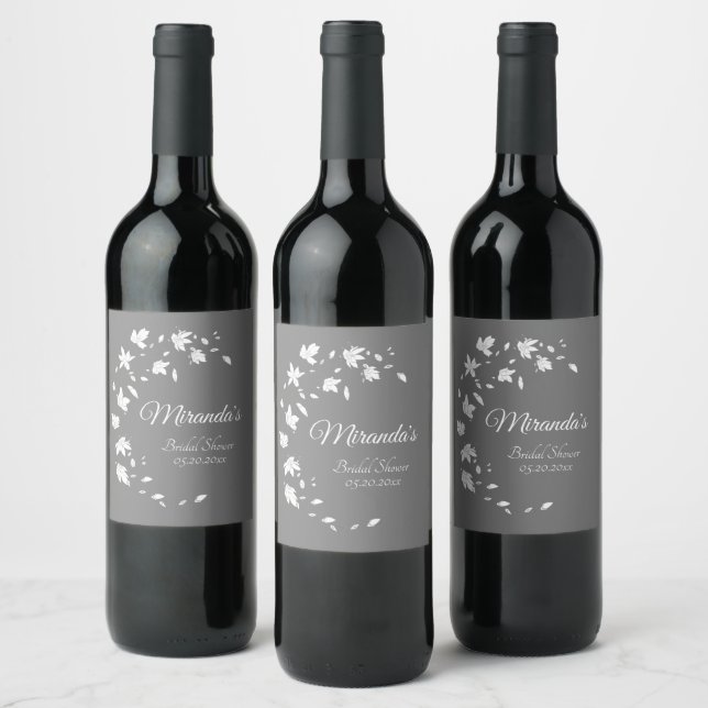Modern Grey & White Floral Bridal Shower Wine Label (Bottles)