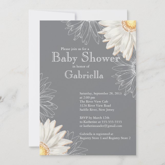 Modern Grey & White Gerbera Daisy Baby Shower Invitation (Front)