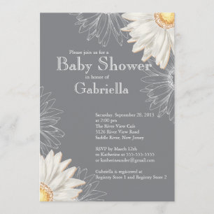 Modern Grey & White Gerbera Daisy Baby Shower Invitation