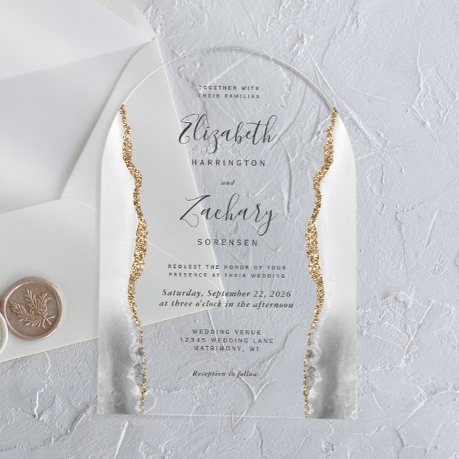 Modern Grey White Gold Agate Arch Wedding Acrylic Invitations (Creator Uploaded)