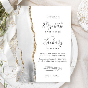Modern Grey White Gold Agate Wedding Invitation