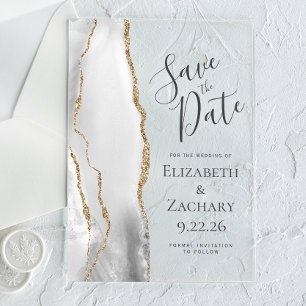 Modern Grey White Gold Agate Wedding Save the Date Acrylic Invitations