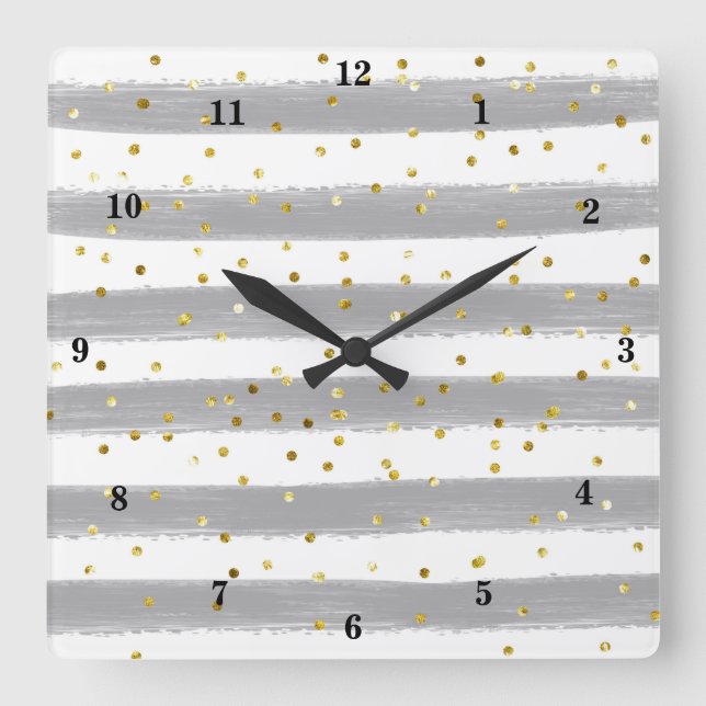 Modern Grey, White, Gold Stripes, Confetti Clock (Front)