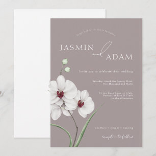 Modern Grey White Orchid Initials Wedding Invitation