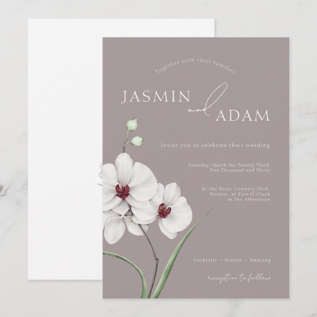 Modern Grey White Orchid Initials Wedding Invitation (Front/Back)