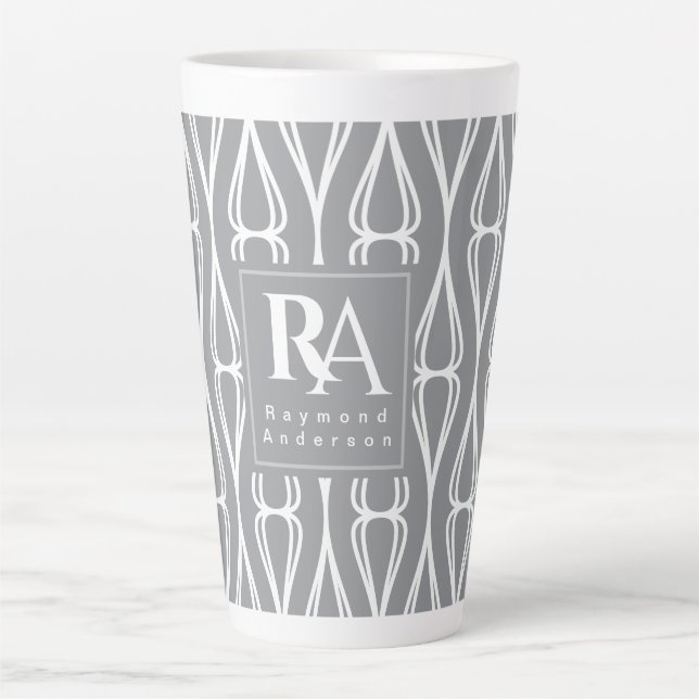 Modern Grey White Pattern Monogram Latte Mug (Front)
