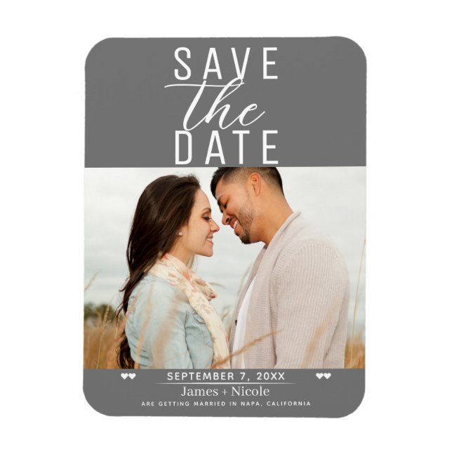 Modern Grey & White Save the Date Wedding Photo Magnet (Vertical)