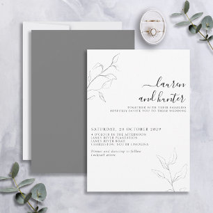 Modern Grey White Script Botanical Wedding Invitation