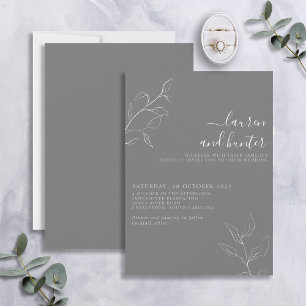 Modern Grey White Script Botanical Wedding Invitation