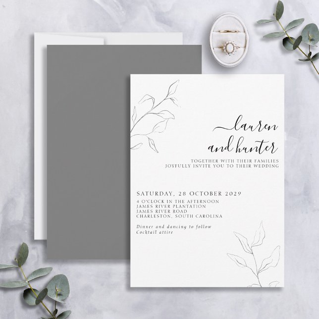 Modern Grey White Script Botanical Wedding Invitation (Creator Uploaded)