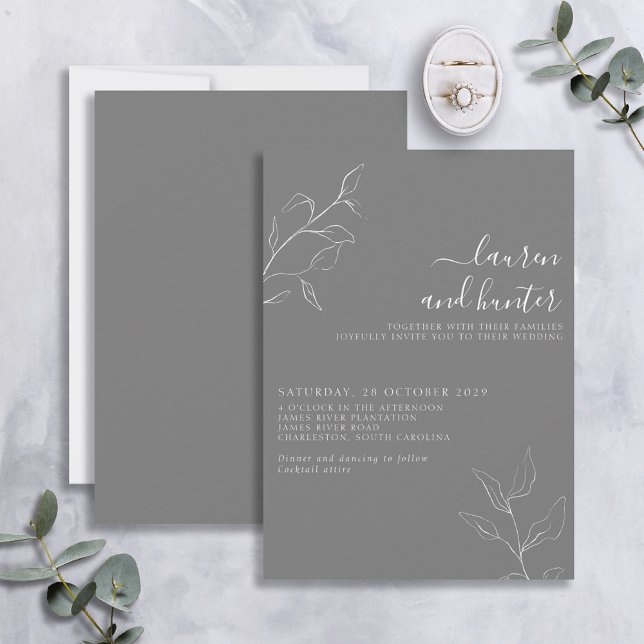 Modern Grey White Script Botanical Wedding Invitation (Creator Uploaded)