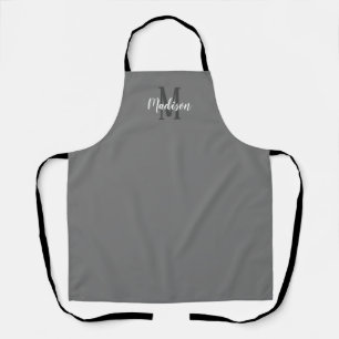 Modern Grey White Script Monogram Name Kitchen Apron