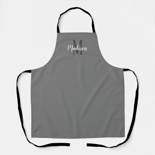 Modern Grey White Script Monogram Name Kitchen Apron (Front)