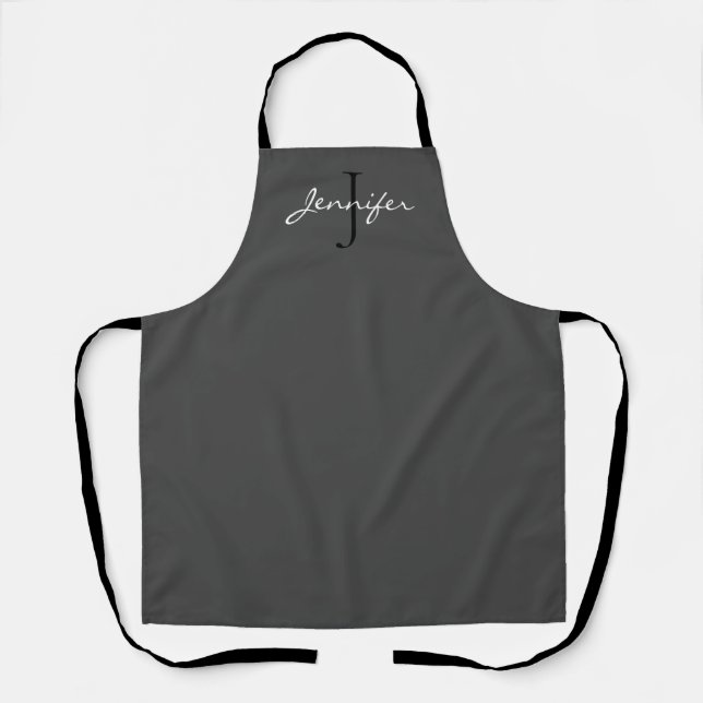 Modern Grey White Script Monogram Personalised Apron (Front)