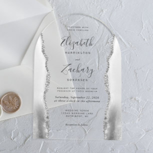 Modern Grey White Silver Agate Arch Wedding Acrylic Invitations