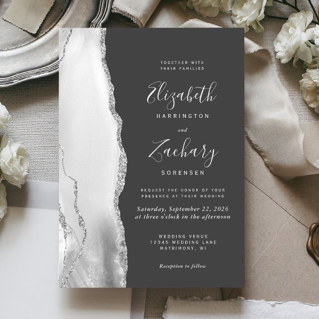 Modern Grey White Silver Agate Dark Wedding Invitation (Creator Uploaded)