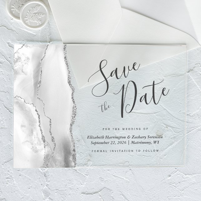 Modern Grey White Silver Agate Save the Date Card Acrylic Invitations (Creator Uploaded)