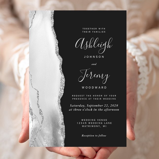 Modern Grey White Silver Agate Slate Wedding Invitation (Creator Uploaded)