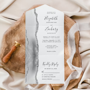 Modern Grey White Silver Agate Wedding All In One Invitation