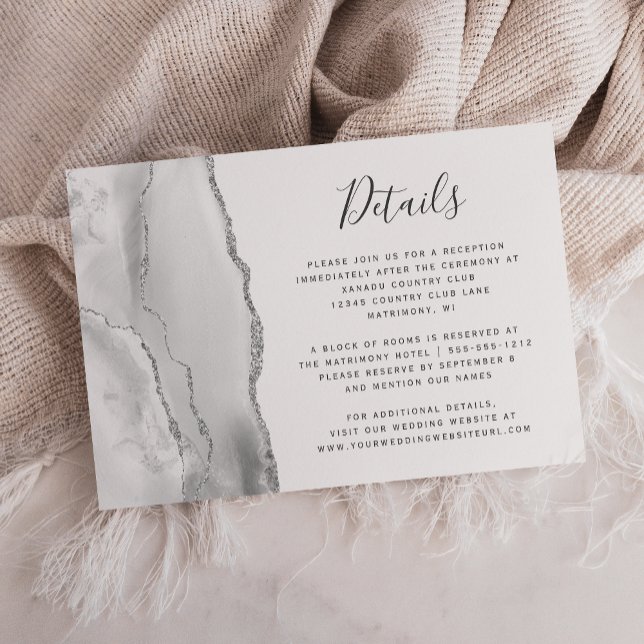 Modern Grey White Silver Agate Wedding Details Enclosure Card (Creator Uploaded)