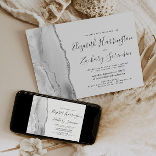 Modern Grey White Silver Agate Wedding Invitation