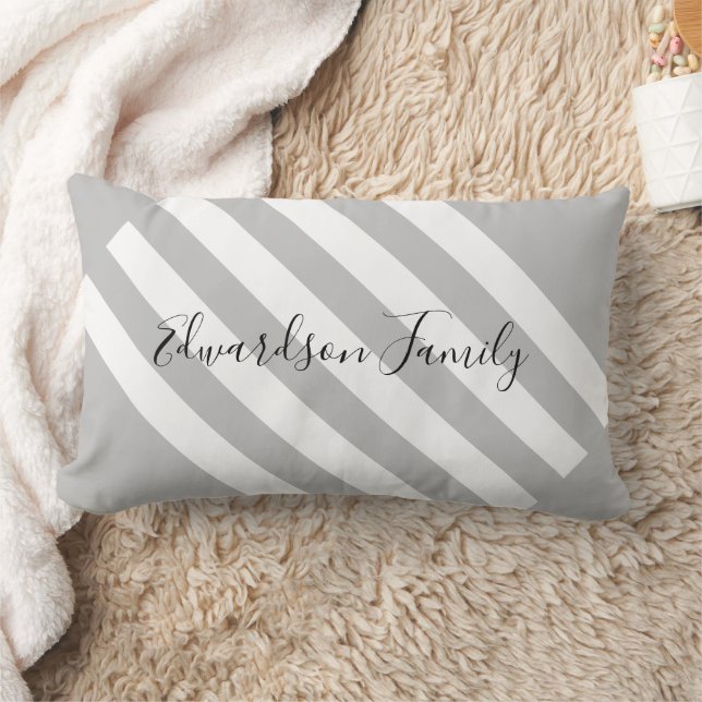 Modern grey white stripes family monogram name lumbar cushion (Blanket)